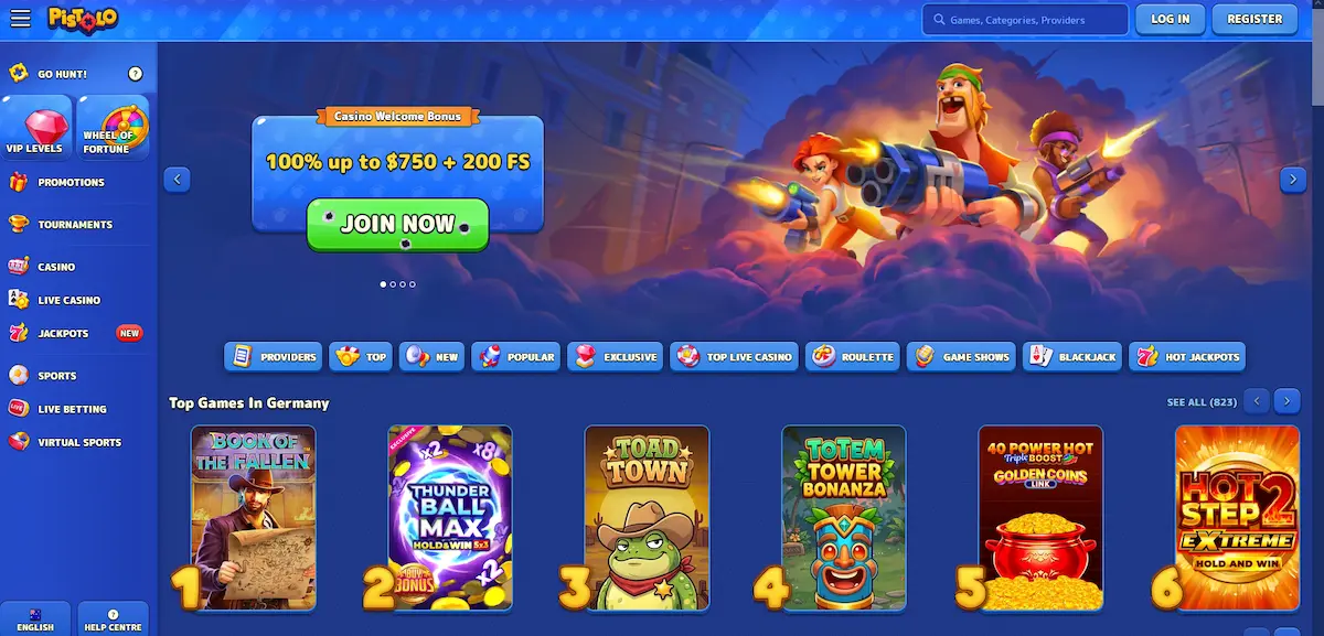 Pistolo Casino homepage showing the pokies lobby, top games and sidebar navigation for Australian players