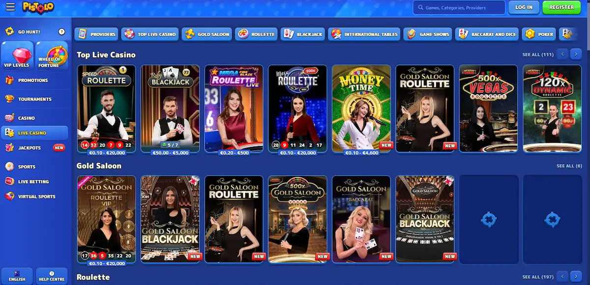 Pistolo live casino lobby with Evolution dealer tables for Australian players