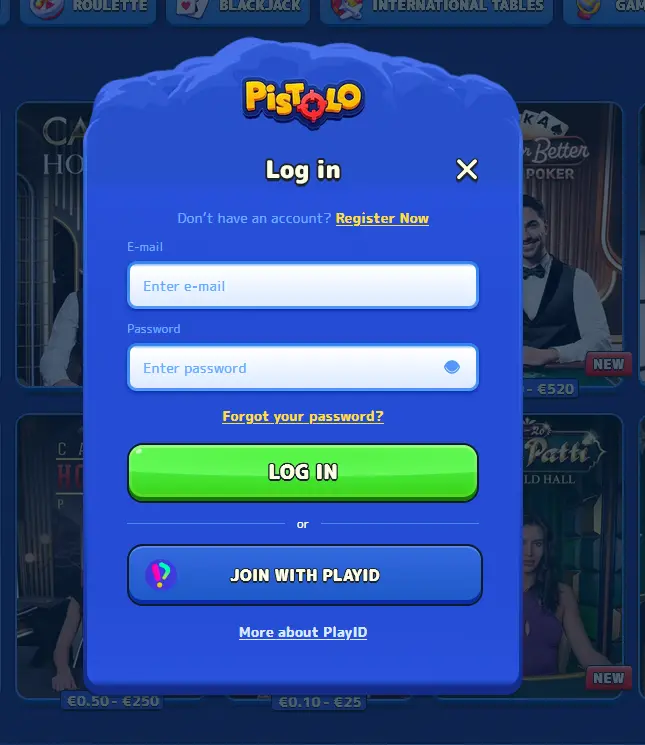 Pistolo login screen for signing in to an Australian player account