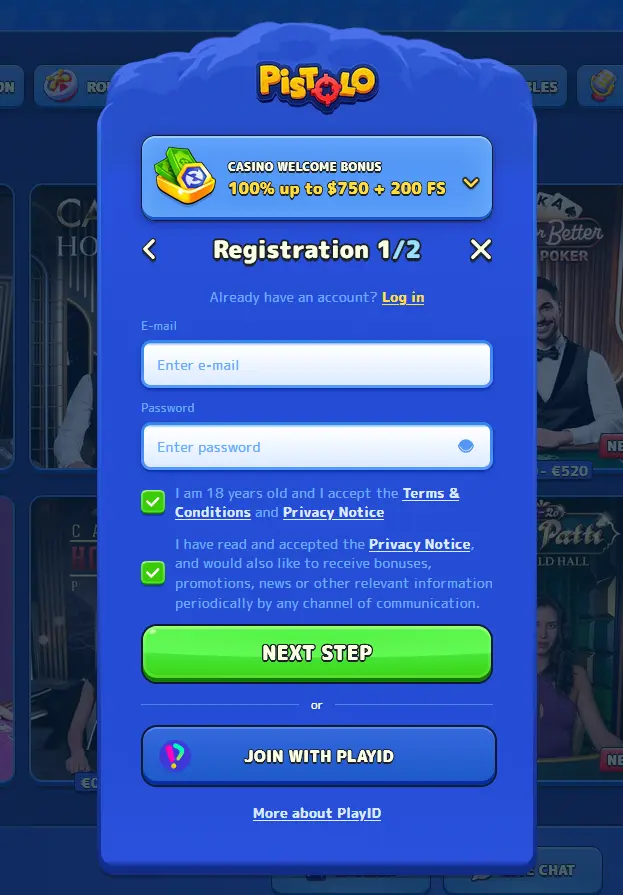 Pistolo registration form for creating a new Australian player account